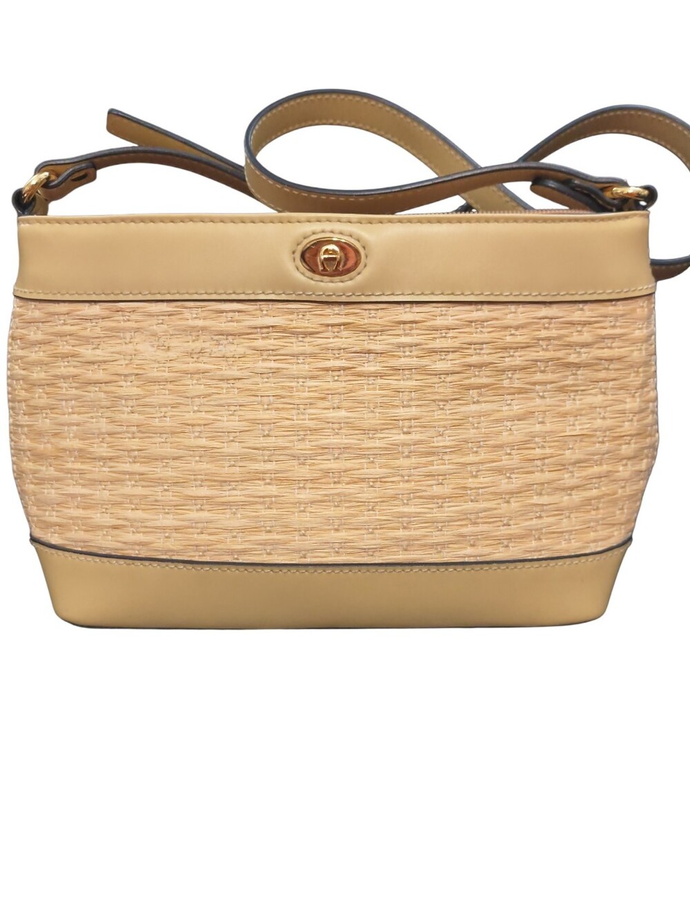 EUC Etienne Aigner Vintage 90s Beige Straw and Tan Faux Leather Shoulder Bag